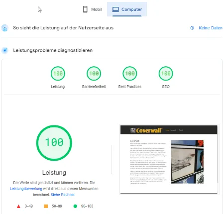 Page Speed Screenshot für die Coverwall Webseite Desktop