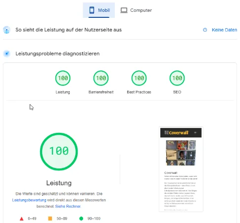 Page Speed Screenshot für die Coverwall Webseite Mobil